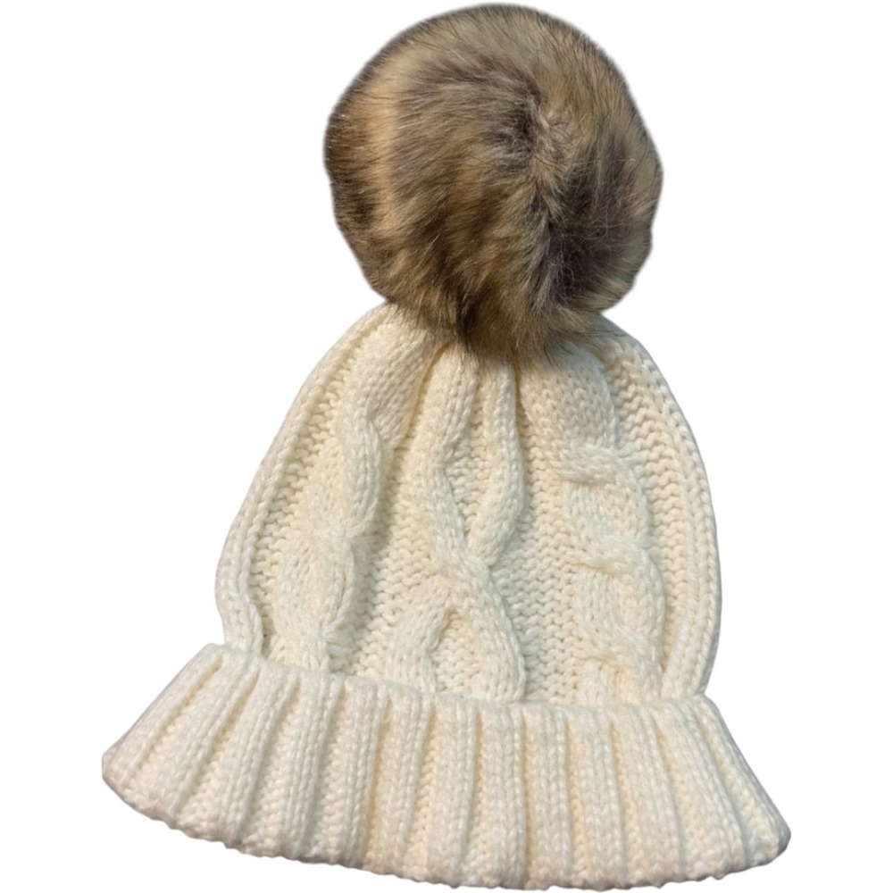 Lands End Cream Cable Knit Beanie Faux Fur Pom Winter Hat Ivory M-L 513500